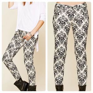 Free People Ivory and Black Coated Brocade Flocked Leg Skinny Jeans